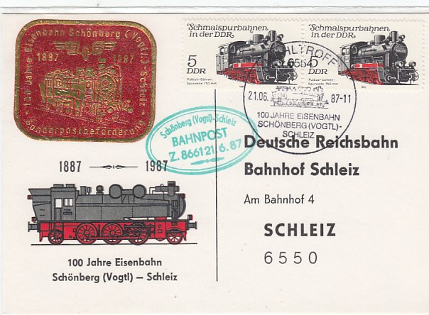 100 Jahre Eisenbahn Schönberg Vogtland Sonderstempel Mühltroff 1987