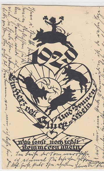 Glückwunsch Neujahr Scherenschnitt Schweine 1929 Glückwunsch Neujahr Scherenschnitt Schweine 1929