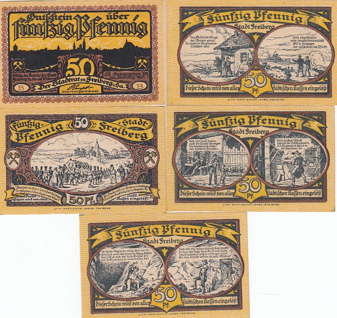 Freiberg in Sachsen 5 Scheine Notgeld mit Bildern von 1921