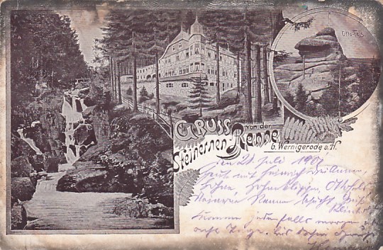 Steinerne Renne bei Wernigerode Litho Ansichtskarte von 1901 Bahnpoststempel Heudeber 1901