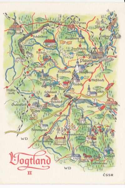 Postkarte als Landkarte Vogtland Plauen Mühltroff Thossen Reuth Oelsnitz Posseck