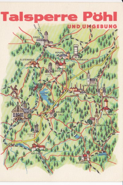 Postkarte als Landkarte Talsperre Pöhl Jocketa Ruppertsgrün Neuensalz Möschwitz Helmsgrün Neudör