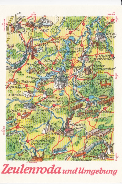 Postkarte als Landkarte Triptis Auma Zeulenroda Pausa Bernsgrün Syrau Pausa Hohenleuben Pöllwitz