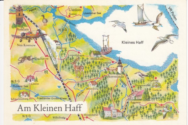 Postkarte als Landkarte Usedom Anklam Neu-Kosenow Putzar Karnin Torgelow Warsin Luckow