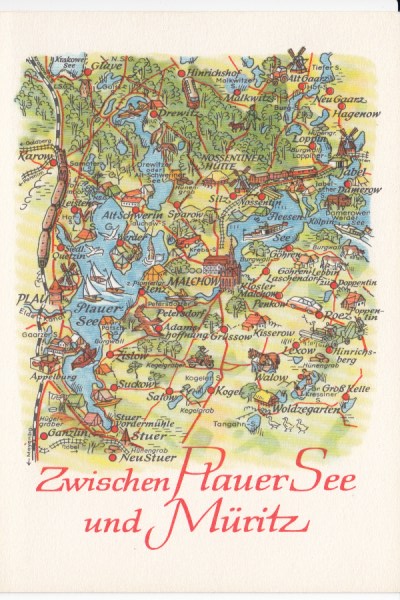 Postkarte als Landkarte Plau am See Malchow Jabel Drewitz Karow Zislow Ganzlin Walow Lexow Malkw