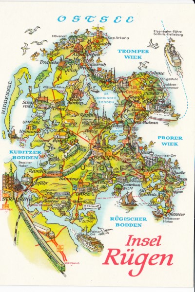 Postkarte als Landkarte Insel Rügen Bergen Zingst Sassnitz Ummanz Sellin Binz Putbus Stralsund