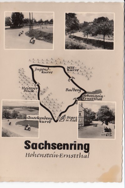 Postkarte mit Landkarte Rennstrecke Sachsenring Hohenstein-Ernstthal Motorrad