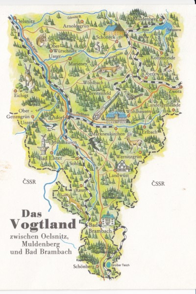 Postkarte als Landkarte Vogtland Muldenberg Mühlhausen Bad Brambach Erlbach Landwüst Zwota Breit