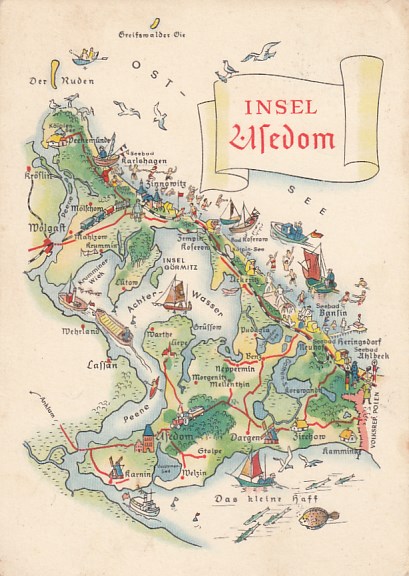 Postkarte als Landkarte Wolgast Lassan Usedom Bansin 1960