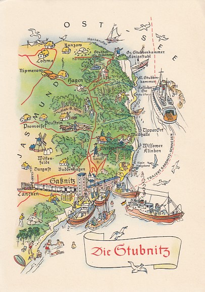 Postkarte als Landkarte Stubnitz Sassnitz Lohme Lancken
