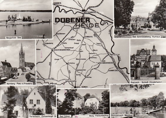 Postkarte als Landkarte Dübener Heide Kemberg Pretzsch  Dommitzsch Ochsenkopf