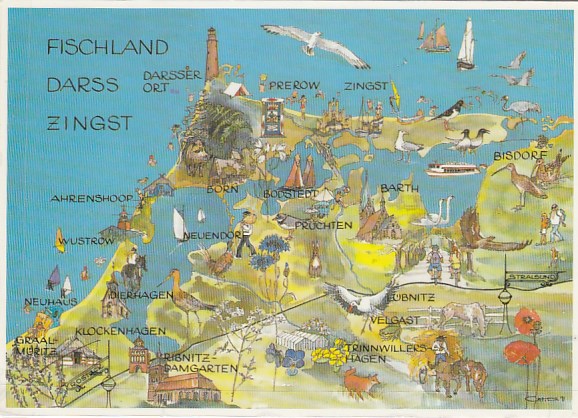 Postkarte als Landkarte Darss Prerrow Wieck Born Ahrenshoop Bodstedt