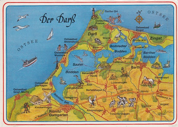 Postkarte als Landkarte Darss Prerrow Wieck Born Ahrenshoop Bodstedt