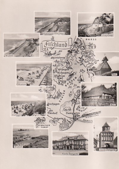 Postkarte als Landkarte Fischland Darss Wustrow Ahrenshoop Ribnitz-Damgarten Born 1960