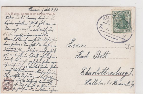 Bahnpoststempel Nauen-Velten auf Ansichtskarte Sommer im Schwarzwald 1915