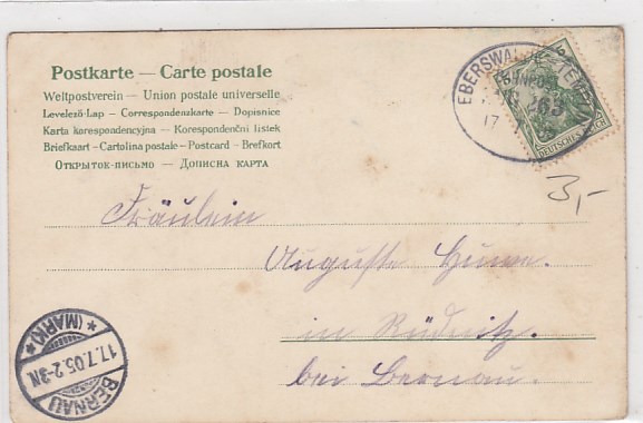 Bahnpoststempel Eberswalde-Templin  auf Ansichtskarte Frauen Liebe 1905