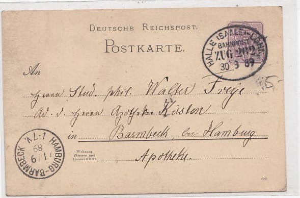 Bahnpoststempel Halle an der Saale-Löhne auf Postkarte Ganzsache 1889