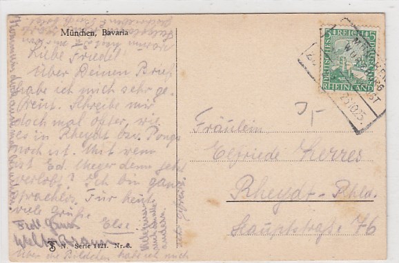 Bahnpoststempel München-Würzburg auf Ansichtskarte München 1925