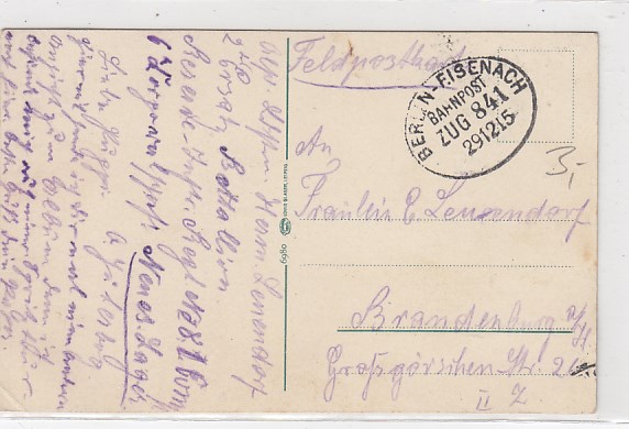 Bahnpoststempel Berlin-Eisenach Feldpost auf Ansichtskarte Wittenberg 1915