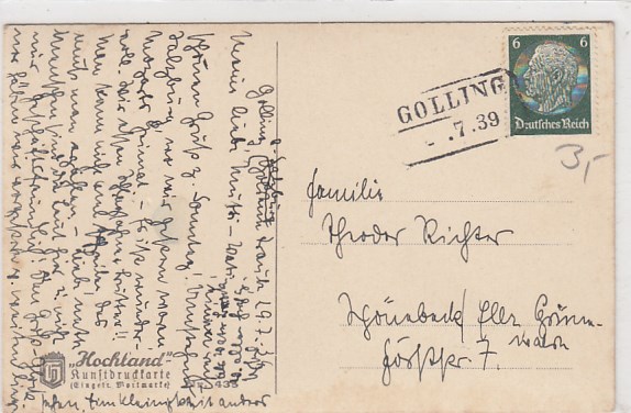 Bahnpoststempel Golling auf Ansichtskarte Salzburg 1939