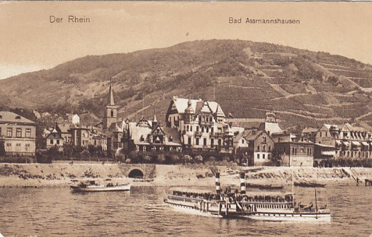 Bad Assmannshausen Rhein Raddampfer Bahnpoststempel Köln-Frankfurt 1912