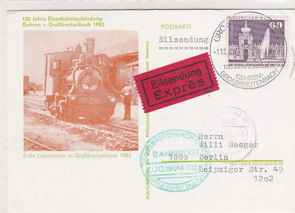 Gehren Großbreitenbach Eisenbahn Anlaß Postkarte mit Bahnpoststempel