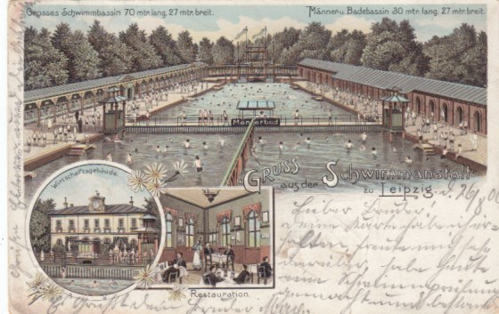 Leipzig Litho vom Schwimmbad Männer Badebassin ca 1900 Leipzig Litho vom Schwimmbad Männer Badebassin ca 1900