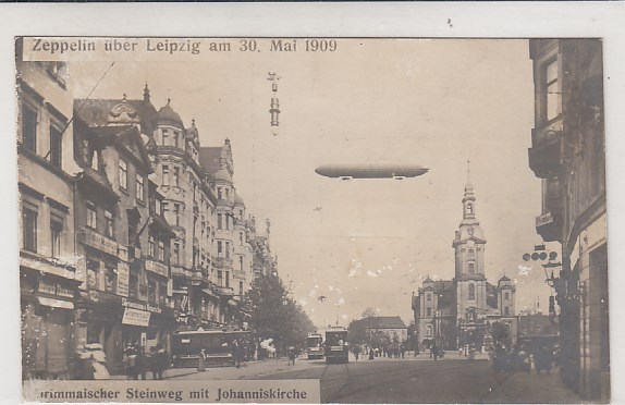 Leipzig Grimmaischer Steinweg mit Zeppelin Luftschiff 1909