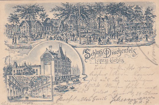 Leipzig Stadtteil Gohlis Schloss Drachenfels Litho Ansichtskarte von Vorläufer 1896