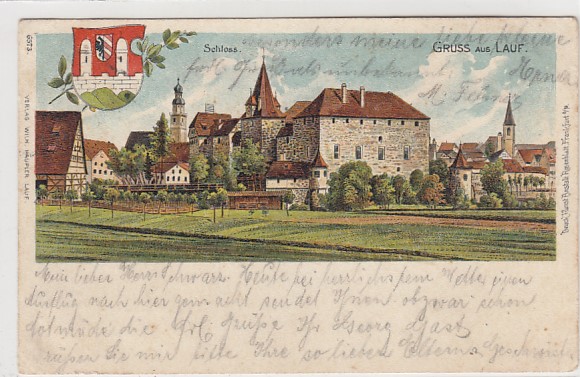 Lauf an der Pegnitz bei Nürnberg Litho Ansichtskarte mit Wappen von 1902 Lauf an der Pegnitz bei Nürnberg Litho Ansichtskarte mit Wappen von 1902