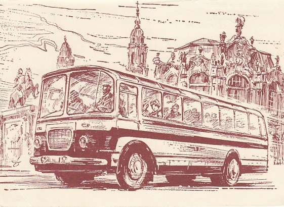 Dresden Autobus Stadtrundfahrt Künstlerkarte ca 1965