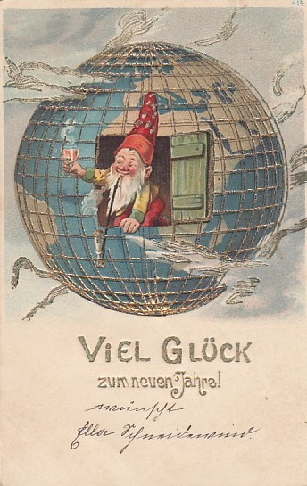 alte Glückwunsch Ansichtskarte Neujahr Prägekarte Zwerge 1906