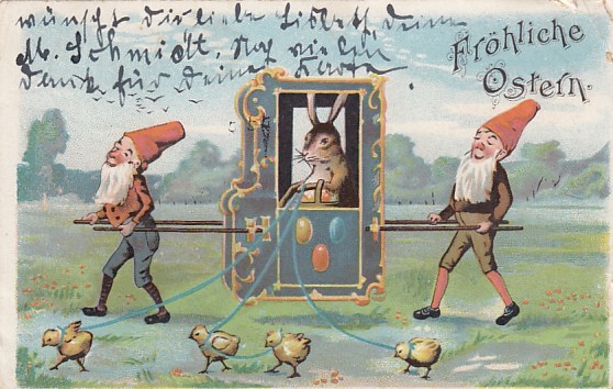 alte Glückwunsch Ansichtskarte Fröhliche Ostern Hase Zwerge ca 1900
