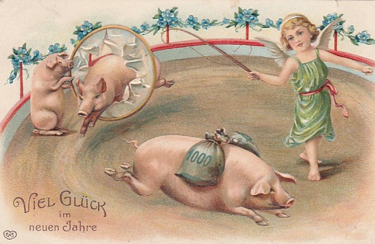 alte Glückwunsch Ansichtskarte Neujahr Prägekarte Schwein Zirkus Engel 1908