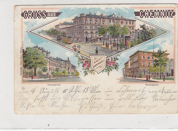 Chemnitz Litho Ansichtskarte von 1900 Bahnhof Reichsbank Justizpalast Chemnitz Litho Ansichtskarte von 1900 Bahnhof Reichsbank Justizpalast