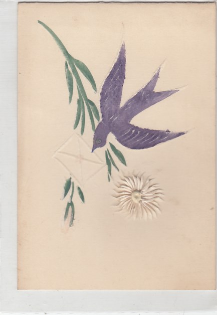 Prägekarte AK mit Relief Blumen Vogel